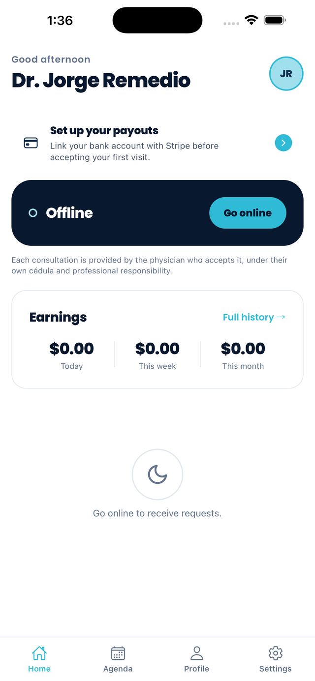 Physician home screen in the Remedio app