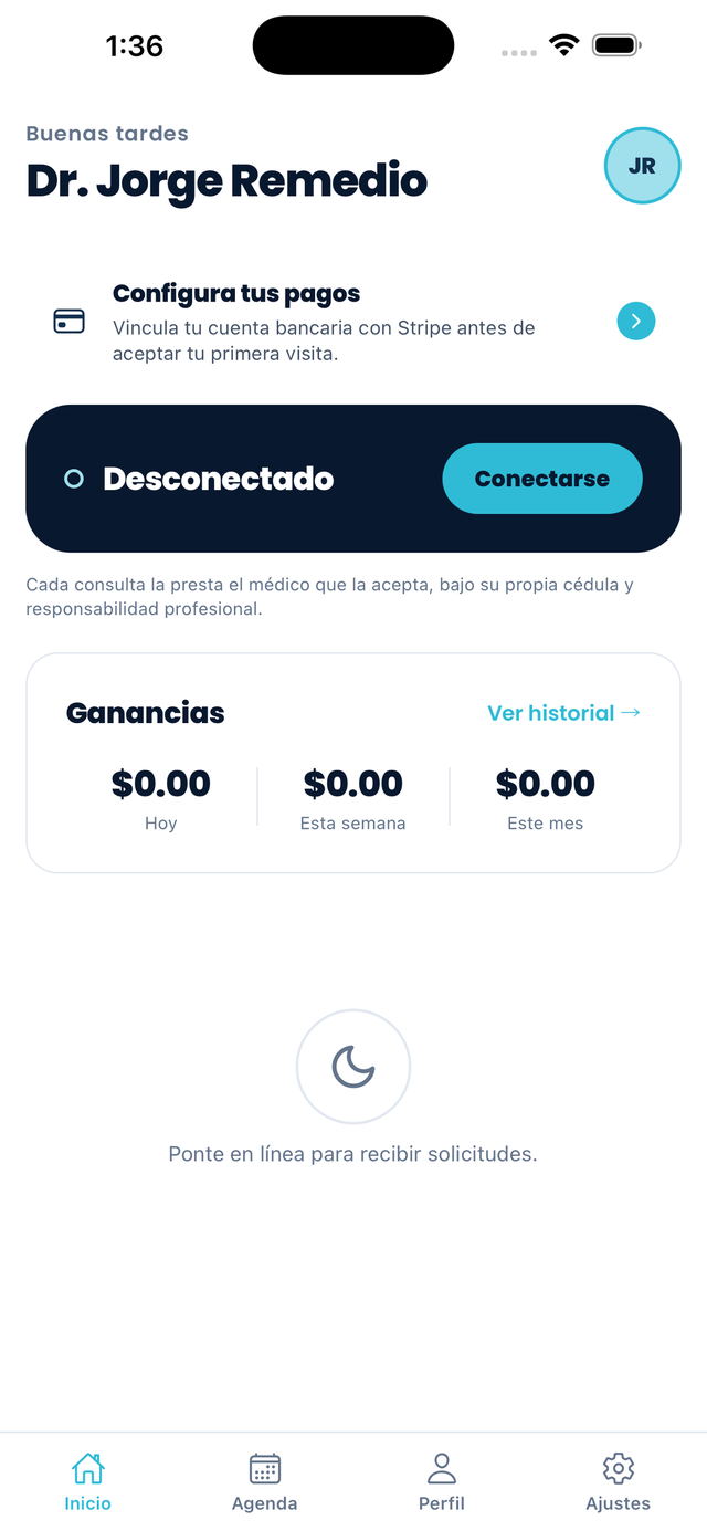 Pantalla de inicio del médico en la app Remedio