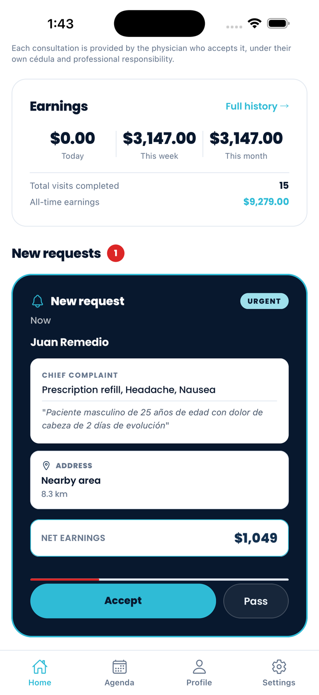 Physician home screen in the Remedio app