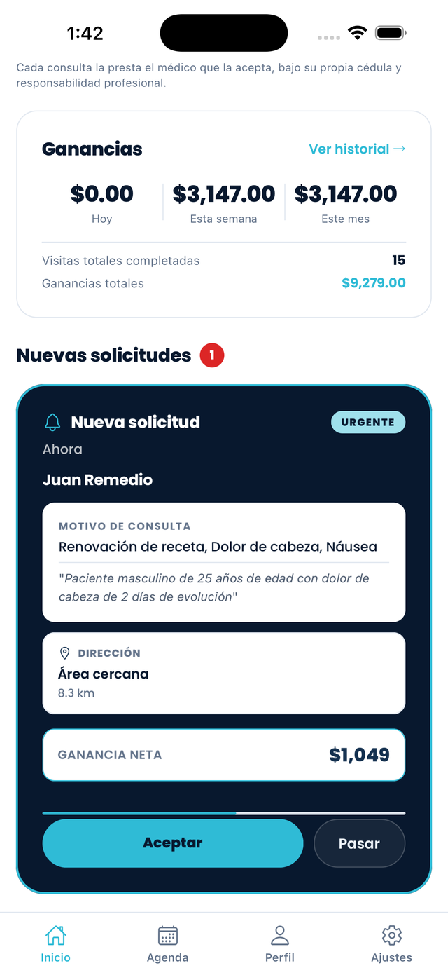 Pantalla de inicio del médico en la app Remedio