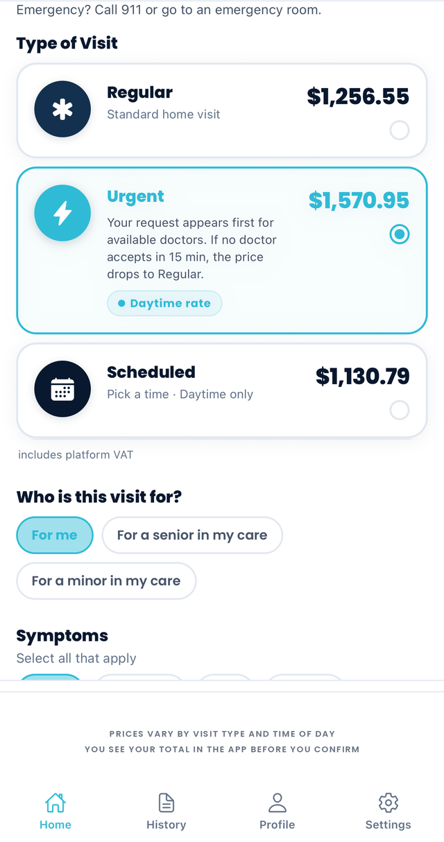 Screen for requesting a visit