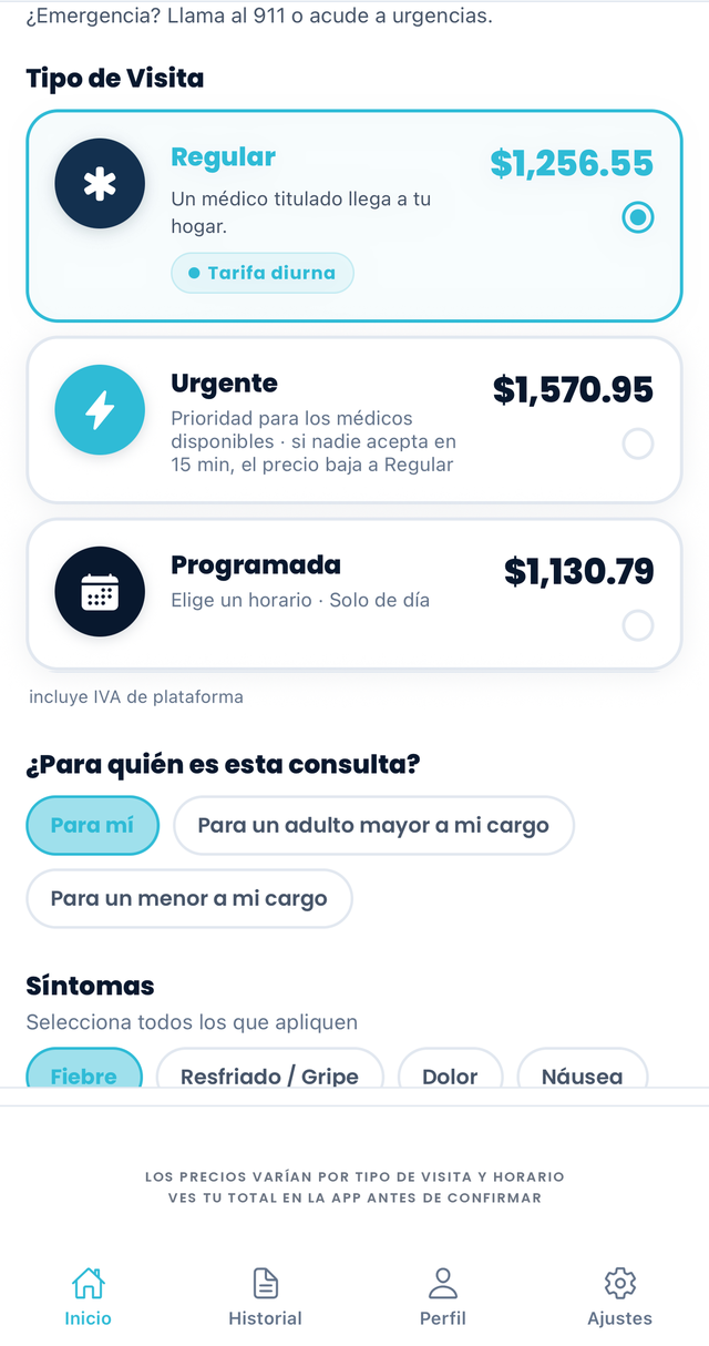 Pantalla para solicitar una visita